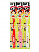 EBISU Набор детских зубных щеток Chibi Maruko-chan, от 3 до 6 лет, ср. жест, 3 шт: бел, розов, красн