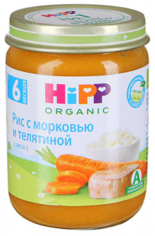 Пюре HIPP( ХИПП Русь) рис с морковью и телятиной с 6 мес ст/банка 190гр, фото 1