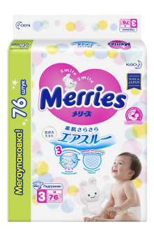 Подгузники для детей MERRIES  размер М 6-11кг 76 шт, фото 2