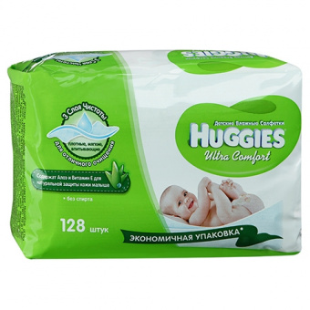 HUGGIES Влажные салфетки д/детей (алоэ и витамин Е) возраст 0+ мягк.упак 128шт, фото 1