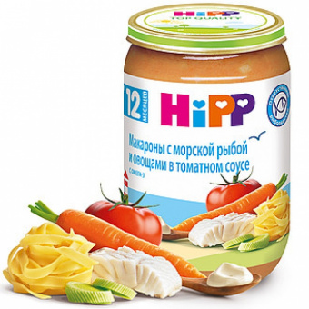 Макароны HIPP( ХИПП Русь) с морской рыбой и овощами в томатном соусе с 12 мес ст/банка 220гр, фото 1