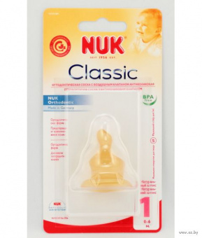 NUK Соска для бутылки антиколиковая ортодонической формы из латекса размер S возраст0-6 мес 1шт, фото 1
