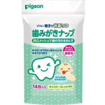 Влажные  салфетки PIGEON   для чистки молочных зубов с 6 мес мягкая упаковка 14шт, фото 1